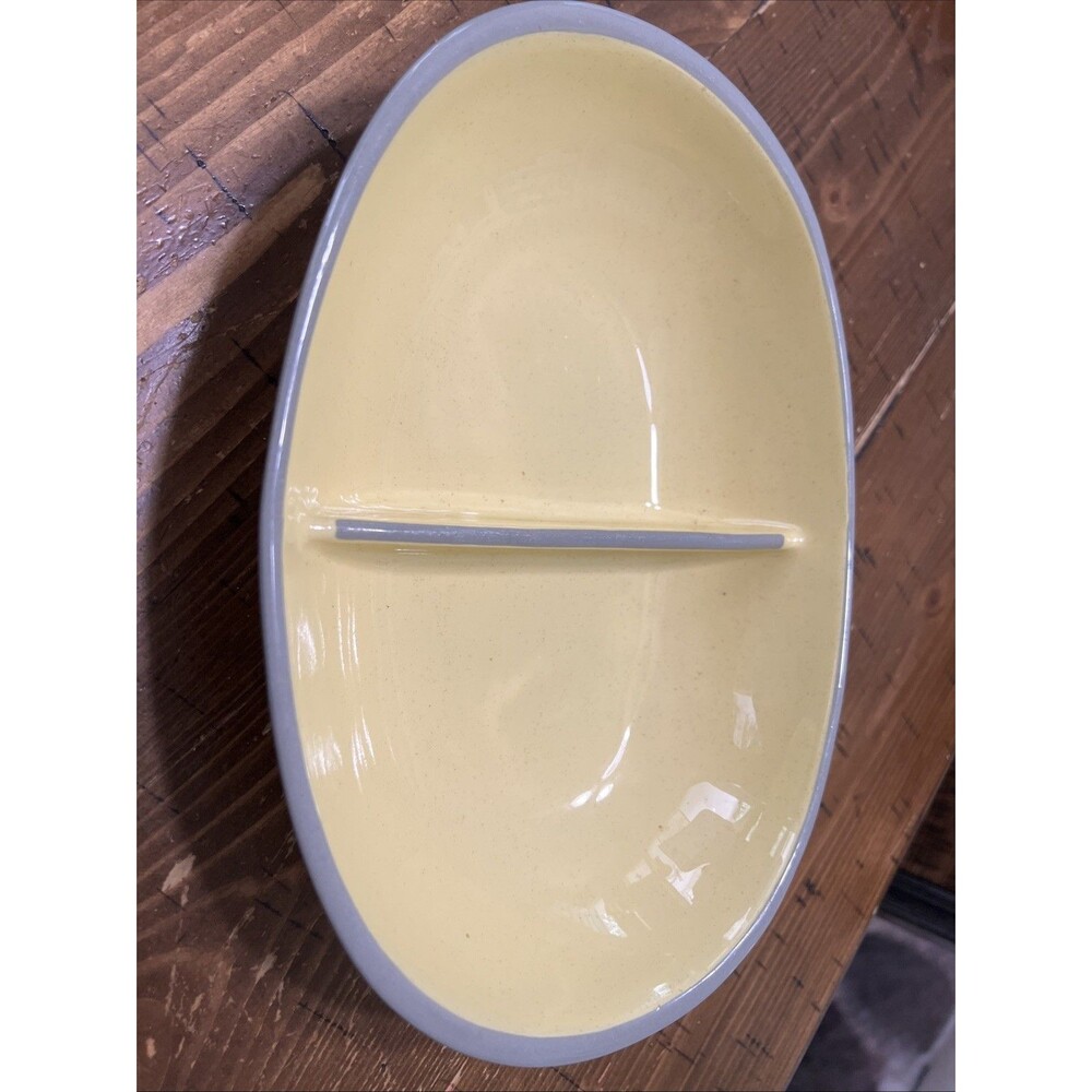 Harkerware Serving Bowl Divided Oval Yellow & Gray Vintage